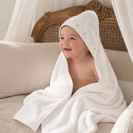 Toalla Bebé Capucha Estrellas Beige 100% Algodón - Toallita Baño