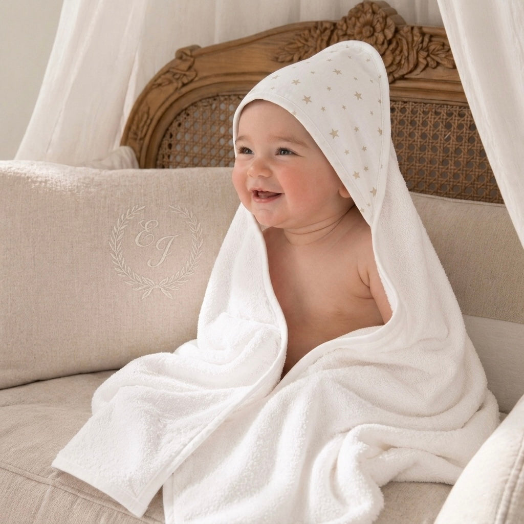 Toalla Bebé Capucha Estrellas Beige 100% Algodón - Toallita Baño